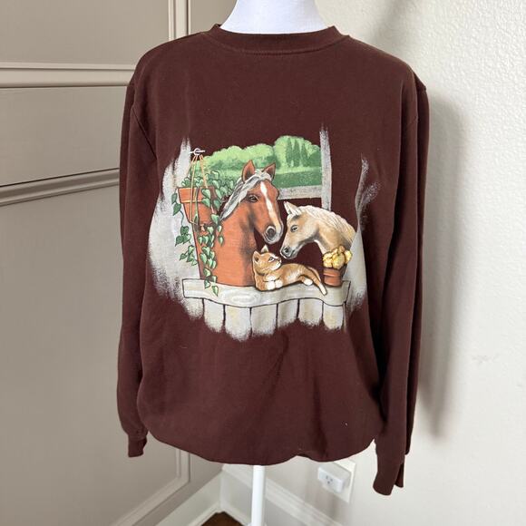 Blair Tops - Vintage Blair Equestrian Horse Cat Graphic Sweatshirt Brown Sz S Grannycore